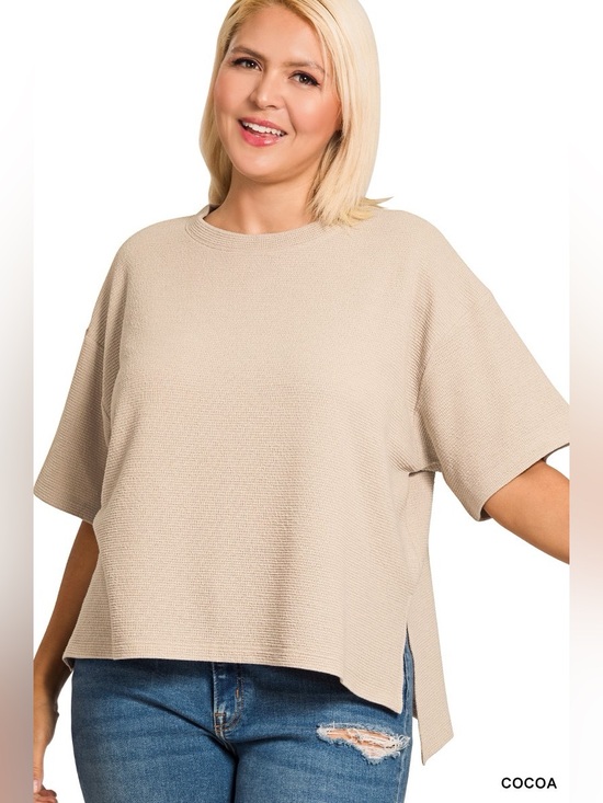 Zenana Outfitters Tops - Zenana PLUS Cocoa Double Knit Side Slits Hi Low Short Slv Top
